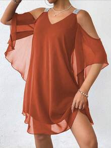 SHEIN Clasi 女士 V 领露肩宽松网眼优雅连衣裙 - 鏽棕色 - 查看 4