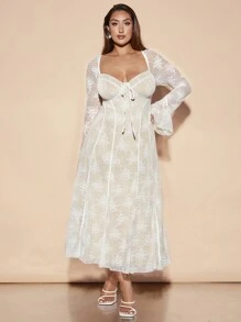 SHEIN BAE Plus Size Women's Sweet Party Date Lace Bust Ruffled Trim Short Dress,Elegant Dresses For Party - White - View 3