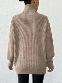 EURMUSE 女士高领长袖纯色简约时尚休闲针织毛衣 - 巧克力棕 - 查看 2