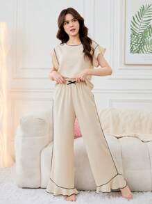 SHEIN Teen Girl's Casual Color-Block Ruffle Trim Short Sleeve Top And Pants Pajama Set - Beige - View 4