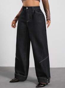 SHEIN ICON Jeans de mezclilla negra desgastada holgados con decoración de botón en forma de estrella, talla grande