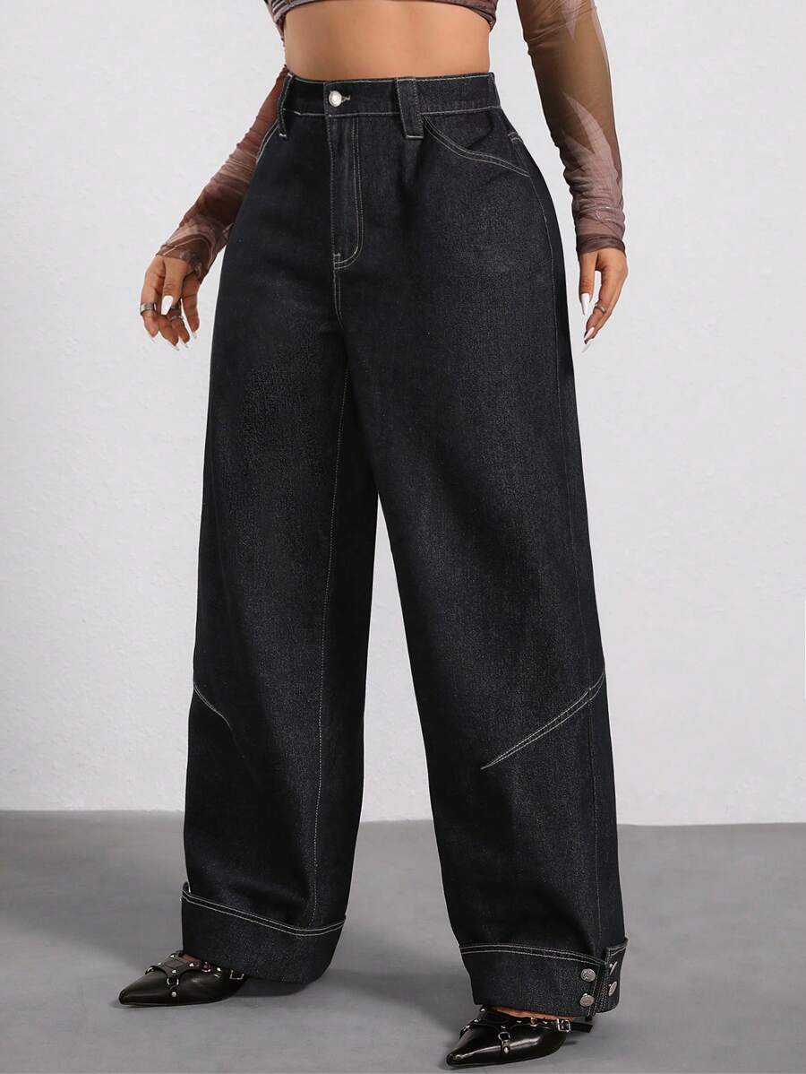 SHEIN ICON Jeans de mezclilla negra desgastada holgados con decoración de botón en forma de estrella, talla grande