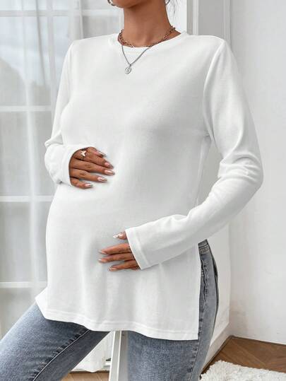 SHEIN Camiseta casual de cuello redondo y manga larga para maternidad, con bajo con abertura lateral, primavera/verano