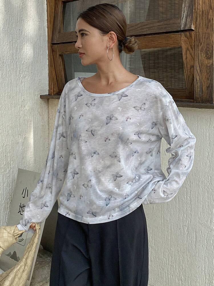 Loose Floral Print Round Neck Long Sleeve T-Shirt For Women Sheer,Fall Clothes Graphic Tee