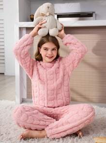 青少年女孩法兰绒睡衣，冬季保暖柔软粉色心形印花羊毛裤和宽松休闲长袖上衣 2 件套家居服套装，母女配套服装（3 套单独出售） - 粉色 - 查看 5