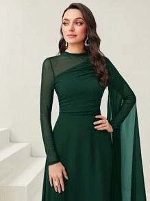 Modelyn 女士纯色圆领薄纱拼接优雅长袖连衣裙长款晚礼服 - 墨綠色 - 查看 5
