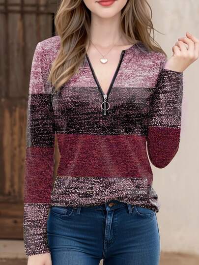 INAWLY 女士休闲撞色长袖T恤，适合春秋季穿着，图案印花，女士上衣，春秋季女装