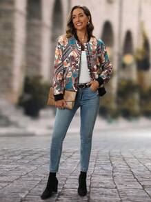 EMERY ROSE Women's Retro Style Printed Zip-Up Jacket - Multicolor - View 3