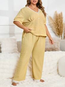 Jacquard Knit Sleepwear Set, Plus Size Short Sleeve Top And Pants - Mustard Yellow - View 3