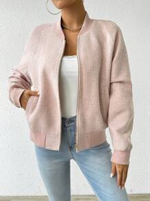 Chiquease 2025 Autumn/Winter Round Neck Zip-Up Loose Fit Casual Baseball Jacket Fall Cloth For Women - Pink - View 7