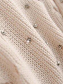 SHEIN Essnce Plus Size Women's Rhinestone Hollow Pullover Sweater - Beige - View 5