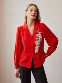 MOTF PREMIUM CLASSY LAPEL COLLAR EMBROIDERY FLORAL PATTERN LANTERN SLEEVE SHIRT - Red - View 6