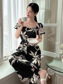 DAZY 女士碎花露肩连体裤，休闲宽松裤装，女士度假套装 - 黑色 - 查看 6