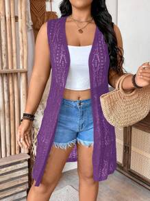 Breezaya 大码无袖纯色休闲开衫 - 紫色 - 查看 4