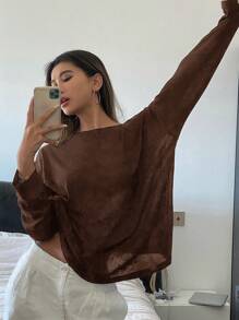 Livesso Women's Solid Color Crew Neck Casual Everyday Long Sleeve Top Summer - Coffee Brown - View 1