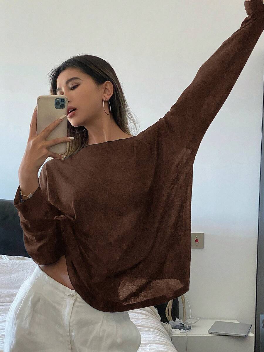 Livesso Women's Solid Color Crew Neck Casual Everyday Long Sleeve Top Summer - Coffee Brown - View 1