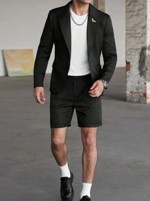 Manfinity Bizformal Traje casual de negocios para hombres con logo de águila bordado en oro, de manga corta y color negro. Conjunto de dos piezas para hombre, ideal para el esposo