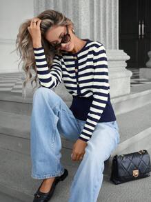 GENKIRA Women's Classic Colorblock Striped Hem Fitted Crew Neck Pullover Sweater, Knit Pullover Fall Winter - Multicolor - View 5