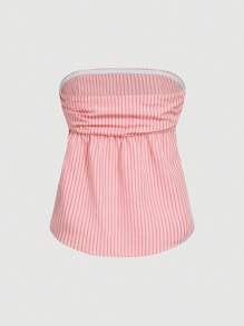SHEIN MOD Women Open Back Button Pleated Design Fashionable Shirt-Style Tube Top Striped Top - Pink - View 2