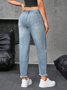 SHEIN Essnce Women's Front Button Multiple Pockets Raw Hem Minimalist Style Denim Jeans, Casual Wear