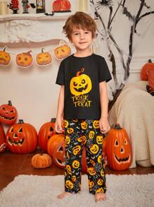 SHEIN Young Boy Halloween Theme Cartoon Pumpkin Print Short Sleeve Pants Casual Flame Retardant Pajama 2-Piece Set, Daddy And Me Matching Outfits (3 Sets Are Sold Separately) - Black - View 5