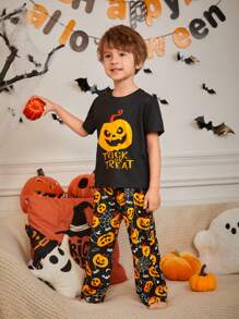 SHEIN Young Boy Halloween Theme Cartoon Pumpkin Print Short Sleeve Pants Casual Flame Retardant Pajama 2-Piece Set, Daddy And Me Matching Outfits (3 Sets Are Sold Separately) - Black - View 6