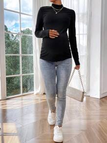 SHEIN Blusa casual de manga larga con cuello de cordón negro para maternidad