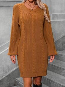 SHEIN Clasi Solid Color Cable Knit Sweater Dress, For Spring And Autumn
