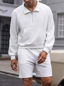 Manfinity Hypemode Men's Summer Stylish High-End Simple Micro Pleated Horizontal Striped Texture Stand-Up Collar Zip-Up Hoodie Shorts Set ,Men Shorts Set
