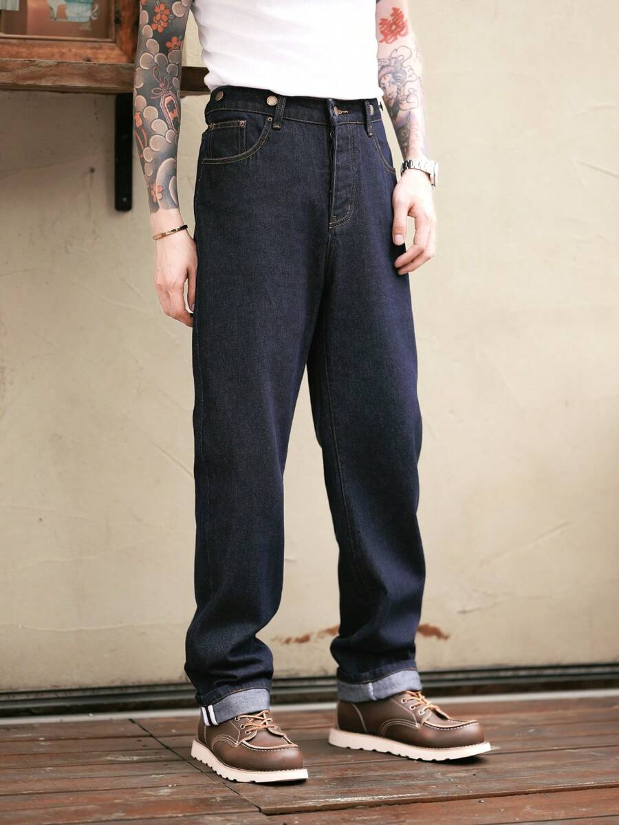 Manfinity Homme Men Slant Pocket Straight Leg Baggy Jeans - Dark Wash - View 1