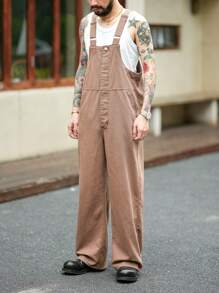 Manfinity Homme 男式复古棕色牛仔宽松休闲背带裤 - 棕色 - 查看 3