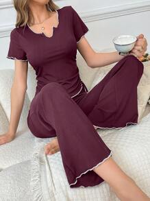 侧褶缺口 V 领短袖上衣和裤子连体裤套装 - 酒紅色 - 查看 1