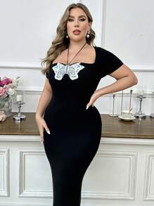 Modelyn Plus Size Elegant Short Sleeve Butterfly Floral Lace Trim Sweater Dress, Elegant Vintage Party, Long Sweater Dresses