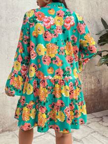 Celure Plus Size Vacation Casual Floral Allover Print Notched Neck Flare Sleeve Dress With Cutout