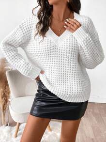 Chiquease Women's V-Neck Long Sleeve Eyelet Casual Loose Pullover Sweater