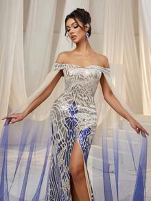 Faeriesty 露肩斗篷袖亮片美人鱼连衣裙