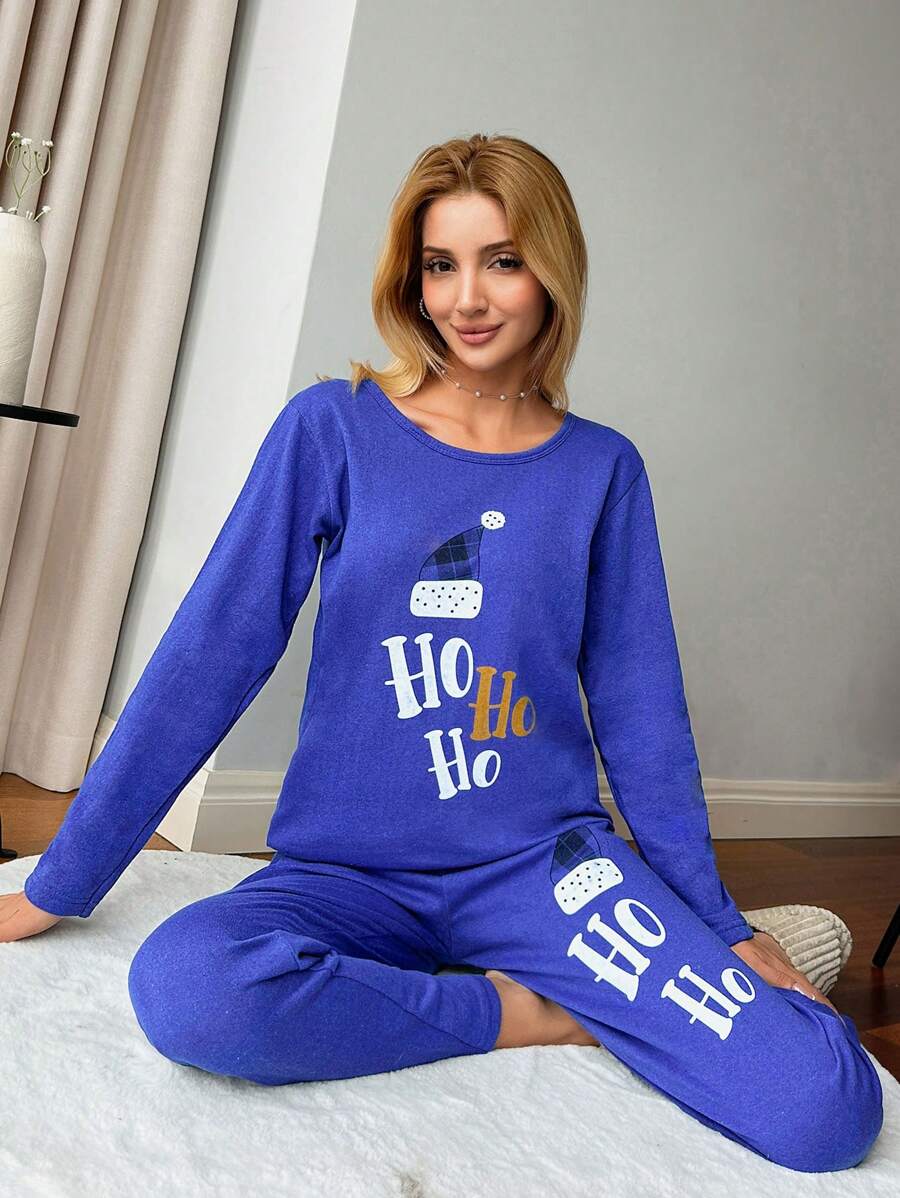 RueChic 长袖和长裤字母图案睡衣套装 - 寶藍色 - 查看 1