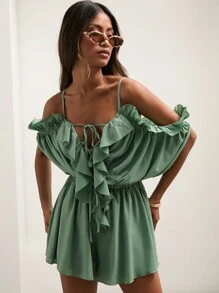 COSMINA Bộ áo liền quần nữ màu trơn, hở vai, viền bèo nhún, kiểu dáng thường ngày. - màu xanh lá - Xem 4