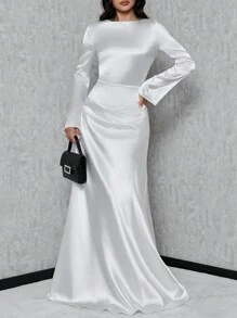 SHEIN Tall Váy nàng tiên cá tay Trumpet - trắng - Xem 3