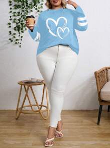 加心印花落肩 T 恤图案 T 恤女式上衣 - 淺藍色 - 查看 4