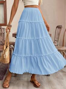 SHEIN Frenchy Falda larga con volantes, escalonada y fruncida en la cintura, de tela con textura, elegante, linda, para vacaciones de verano, de unicolor, estilo bohemio chic - Celeste - Ver 3