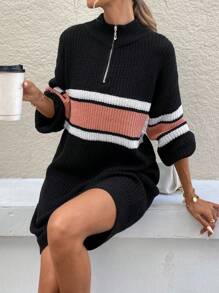 SHEIN LUNE Damen Gestreiftes Pulloverkleid mit halbem Reißverschluss und langen Ärmeln, lässig, Herbst/Winter, Drop-Shoulder - Schwarz - Übersicht 3