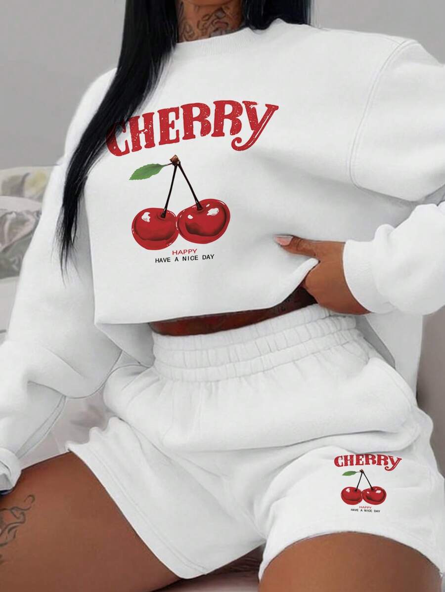 Slaydiva 2pcs Casual Simple Cherry Pattern Loose Fit Women's Sweatshirt Set, Suitable For Spring And Fall Autumn And Winter - White - View 1