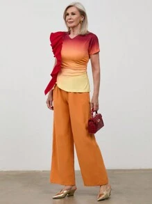 SHEIN LUNE Ensemble deux-pièces femme, T-shirt à col V à volants dégradé et pantalon, manches courtes, été - Multicolore - Voir 6
