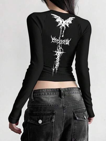 INAWLY Camiseta corta de manga larga y cuello redondo con estampado de letra gótica en negro y manga raglán, camisetas gráficas para mujer para usar en primavera