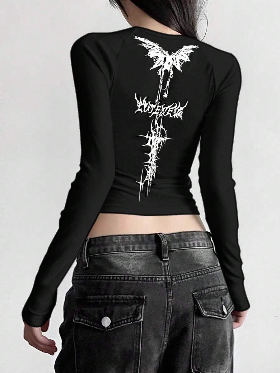 INAWLY Camiseta corta de manga larga con cuello redondo y estampado de letras góticas, en color negro con mangas raglán. Camiseta gráfica para mujer para primavera y otoño - Negro - Ver 1