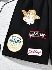 SHEIN Teenage Girls' Black Street Style Graphic Print Knit Summer Shorts