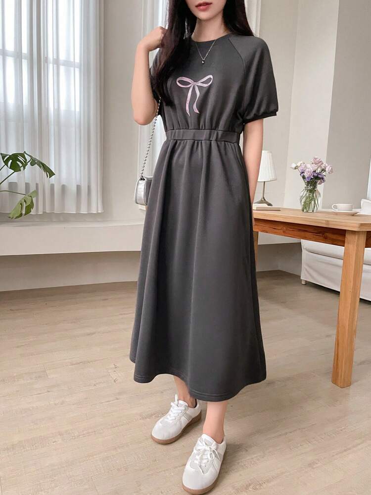 Bow Tie Print Casual Round Neck Dress For Women SunDress