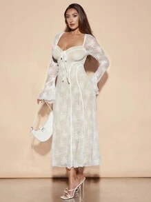 SHEIN BAE Plus Size Women's Sweet Party Date Lace Bust Ruffled Trim Short Dress,Elegant Dresses For Party - White - View 4