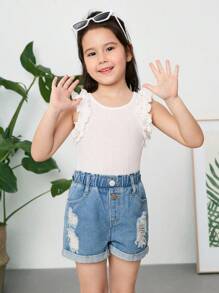 SHEIN 3 piezas/Set Set de top corto ajustado sin mangas con cuello redondo y dobladillo con volantes de unicolor para niña joven